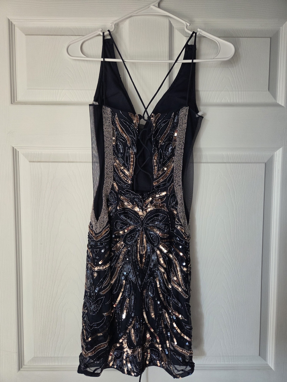 Navy and Rose Gold Sequin V-Neck Homecoming Dress - Picture 4 of 6